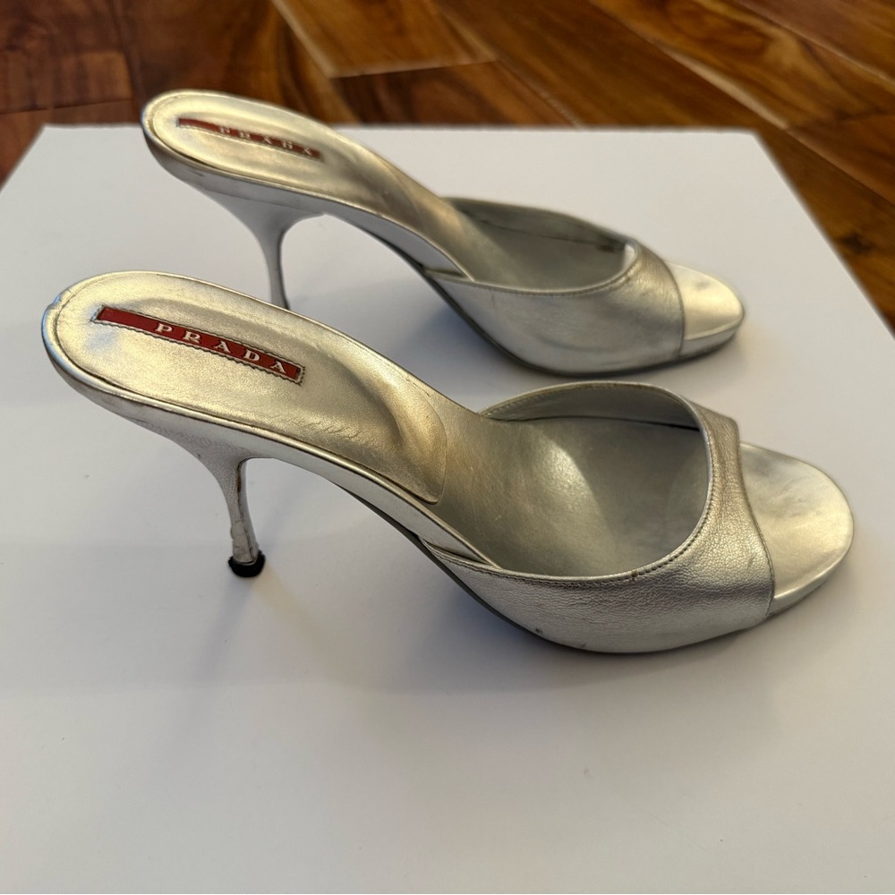 Prada Silver Mules with Low Heel Sleek Modern Design - Picture 2 of 7